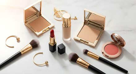 Elegant Flat Lay of Beauty Products on White Marble Background