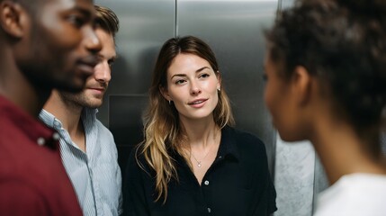 Diverse group of colleagues conversing while standing inside a modern elevator