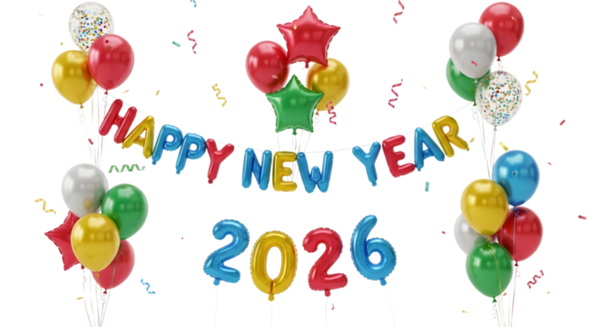 Happy new year 2026 celebration with colorful balloons and banner isolated on transparent background - Powered by Adobe