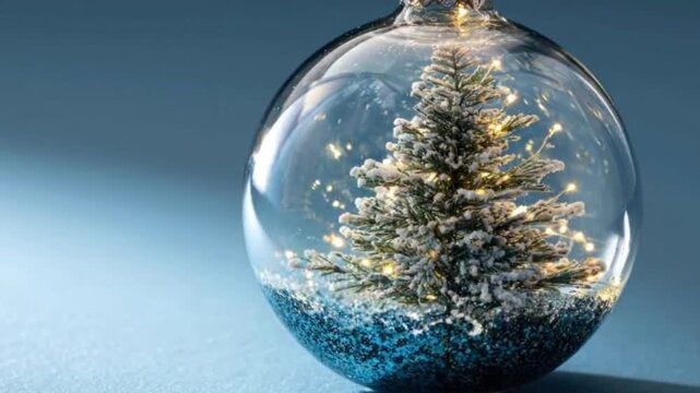 A beautiful close-up of a clear glass holiday ornament, showcasing a miniature, snow-dusted fir tree adorned with delicate, warm string lights. The ornament's rounded base sparkles with vibrant blue g