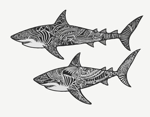 modern tribal tattoos of shark, abstract line art, and minimalist contour