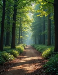 Fototapeta premium Peaceful forest path leads through tall green trees. Sun rays illuminate dirt trail, undergrowth. Morning light creates calm atmosphere for walking, meditation, forest bathing. Tranquil nature scene