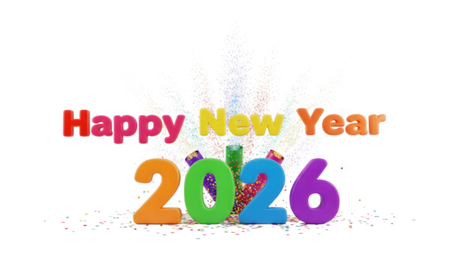 Happy new year 2026 colorful text and fireworks celebration isolated on transparent background