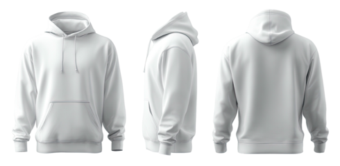 A clean, white hooded sweatshirt is displayed in three views front, side, and back, showcasing its design