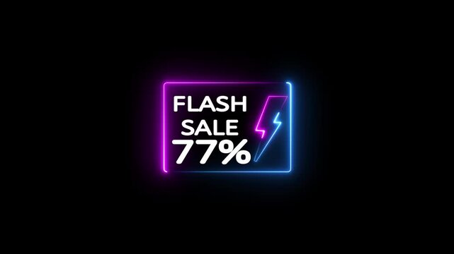 77 Percent Discount Offer. Glowing Neon Flash Sale Promo Animation with Electric Lightning Bolt and 77% Discount Offer ad.
