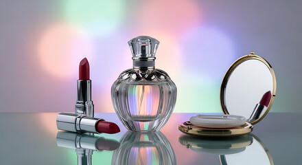 Elegant Still Life of Makeup and Fragrance on a Reflective Surface