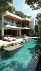 Modern luxury two story house features large glass windows, wood accents. Clear blue swimming pool stone edge, comfortable sun loungers. Tropical green trees surround property creating serene upscale