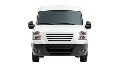Front view of a white panel van, showcasing the grill, headlights, and side mirrors against black