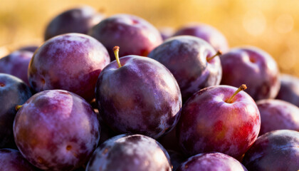 Obraz premium Fresh ripe purple plums heap closeup. Juicy raw organic damson plums harvest. Healthy eating concept, vitamin-rich sweet fruit for natural food, dessert or autumn background.