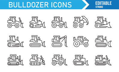 Heavy duty bulldozer vector illustration set, industrial line art machinery icon collection.