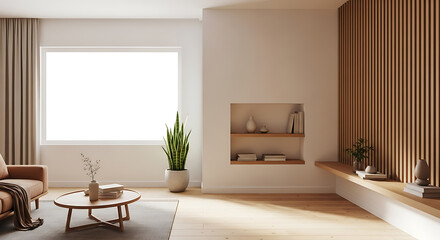 Fototapeta premium Clean open-plan living room with wood flooring and sofa.