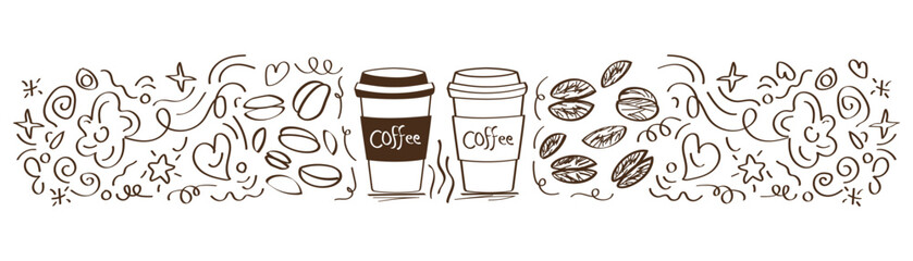 Doodle art featuring coffee cups, coffee beans, hearts, flowers, stars, and swirling lines on white background