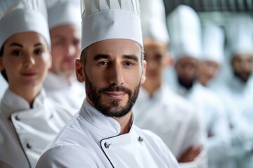 Group of chefs posing together in a kitchen
