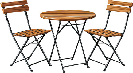 An illustration of a round wooden table and two matching folding chairs with dark metal frames