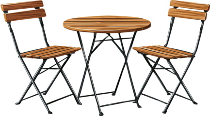 An illustration of a round wooden table and two matching folding chairs with dark metal frames