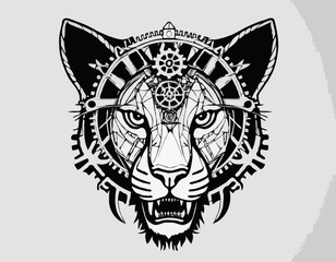 lion cat, wildcat, animal in techno cyberpunk and steampunk tattoo, wire, machine gear logo,