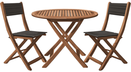 A wooden table and two chairs, perfect for an intimate outdoor seating area