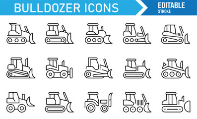 Construction bulldozer icons, vector line illustrations of loaders, tractors, and excavators.