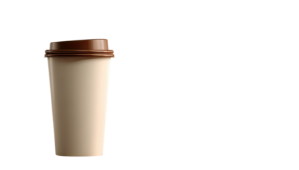 A tall, paper coffee cup with a brown lid stands against a stark black background