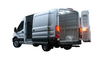 A white delivery van with multiple open doors, showcasing its spacious cargo area