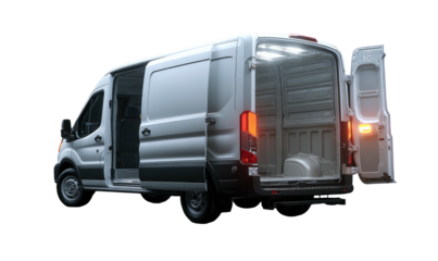 A white delivery van with multiple open doors, showcasing its spacious cargo area