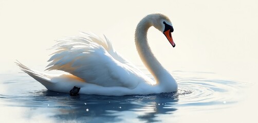 Fototapeta premium White swan swims on calm water. Bird has long neck and orange beak. This waterfowl lives near lake in wildlife. Photo for decoration print or nature book.