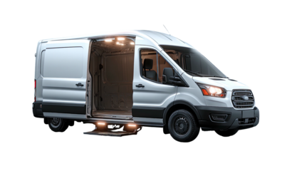 White commercial van with open sliding door, interior lights on, against black background