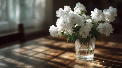 A vase of white blossoms sits on a wooden table illuminated by soft sunlight casting shadows