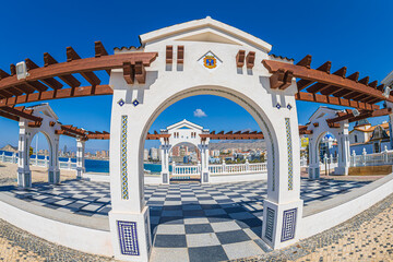 View from the Balcony of the Mediterranean sea, Mirador del Castillo, Mediterranean lookout point in Alicante. Traditional architecture., Benidorm, Spain