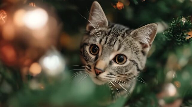 Cat Playing with a Christmas Tree