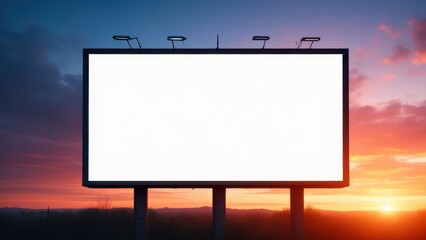 Fototapeta premium empty large format marketing billboard standing outdoors against a colorful sunset evening sky with warm light and clear gradient clouds, modern advertising mockup template concept of marketing