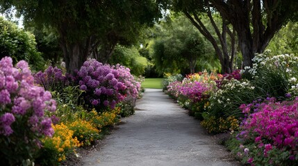Obraz premium A beautiful and vibrant garden pathway flanked by lush beds of colorful blooming flowers and tall mature trees bathed in soft natural light