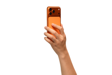 Back view of a hand holding a new cosmic orange smartphone, isolated on a transparent PNG.