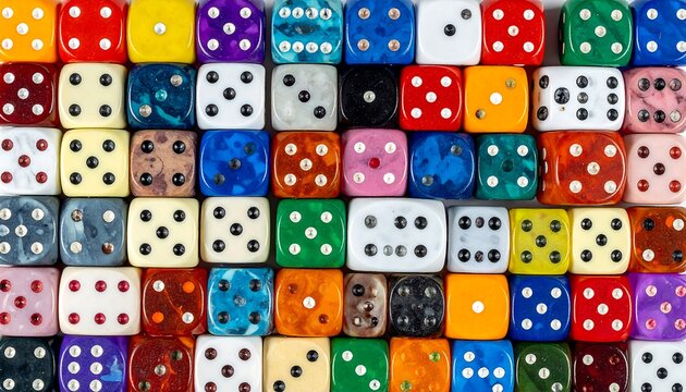 An overhead shot presents a grid of colorful dice, each displaying a unique number of dots. Their varied hues create a vibrant, engaging composition