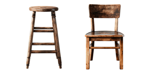 Two wooden furniture pieces on black background a tall stool and a small chair