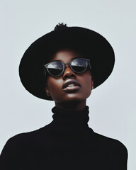Minimalist Fashion Portrait with Black Hat and Sunglasses &ndash; Confident Style Against Pale Background.