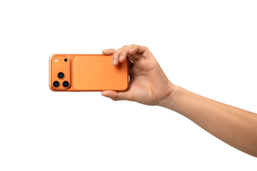 Back view of a hand holding a new cosmic orange smartphone, isolated on a transparent PNG.