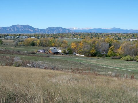 Autumn View of Flatirons and Rocky Mountains from Coal Creek Trail, Louisville, Colorado