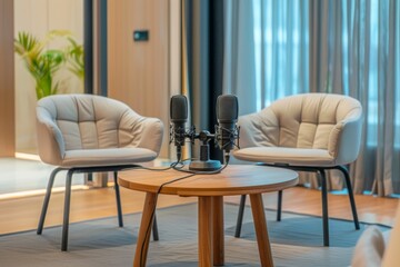 Fototapeta premium Modern podcast setup with microphones and chairs
