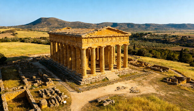 Aerial drone panoramic view of the ancient Greek Temple of Hera, Temple of Juno, in the Valley of the Temples, a famous UNESCO World Heritage Site in Agrigento, Sicily, Italy.