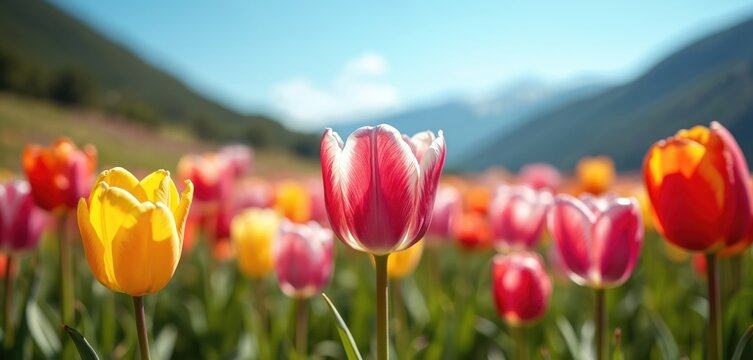 Colorful tulips bloom in meadow with mountain view. Flower garden with many tulip flowers on clear sky background. Spring season with fresh nature and field. - Powered by Adobe