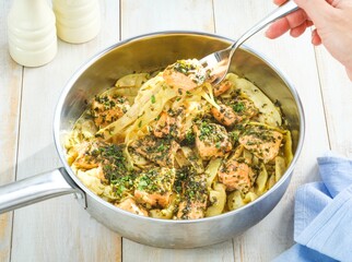 A person uses a fork to lift a piece of cooked salmon and fennel from a stainless steel pan. Parsley herbs top the dish, set against a white wooden surface