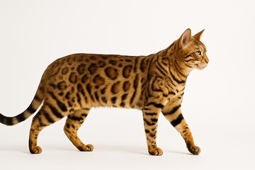 Stunning Bengal Cat with Spotted Fur Walking Gracefully on White Background