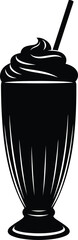 Black Silhouette Icon of Milkshake Sundae with Whipped Cream and Straw
