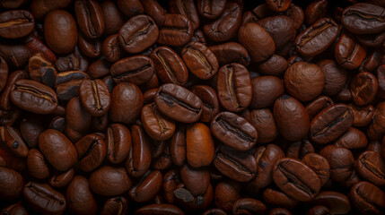 Naklejka premium Detailed macro shot of roasted coffee beans showcasing deep color and rustic texture appeal.