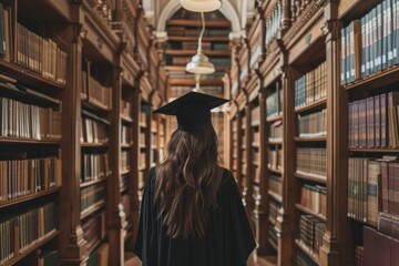 Fototapeta premium Young woman graduating in a library