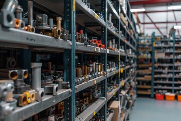 Fototapeta premium Shelves filled with various hardware components in a warehouse