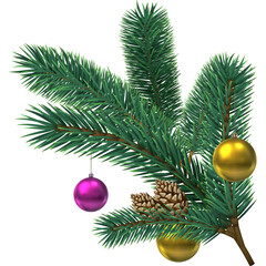 Evergreen Pine Branch with Golden and Pink Ornaments and Pinecone Isolated on White Background Festive Holiday Decoration