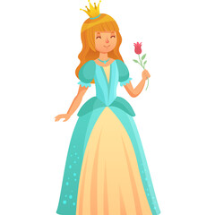 Fairytale Princess with Golden Crown Holding Delicate Red Rose in a Teal and Peach Gown with Sparkle Details on a White Background