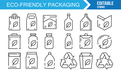 Reusable and recyclable packaging icons set, eco-friendly vector line art for sustainability design.